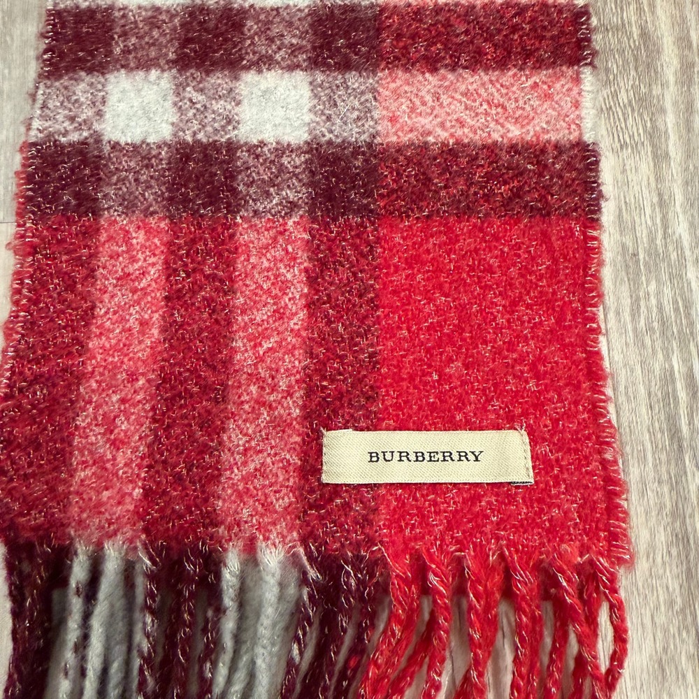Burberry Nova Check Plaid Wool Blend Scarf Red White Burgundy Fringe Long Thin - Picture 3 of 6